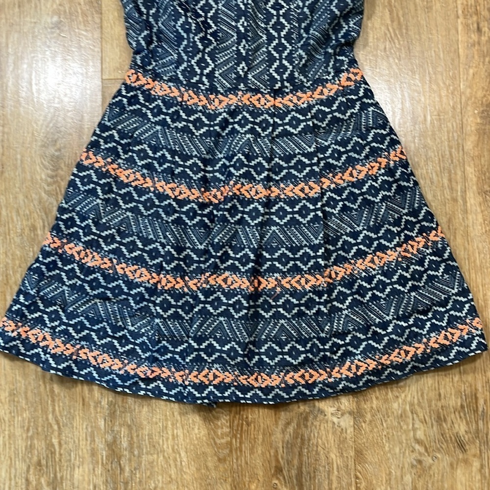 Skies Are Blue Navy Coral Aztec Print Mini Dress Lined V-Neck Back Zip Small EUC - Picture 3 of 14
